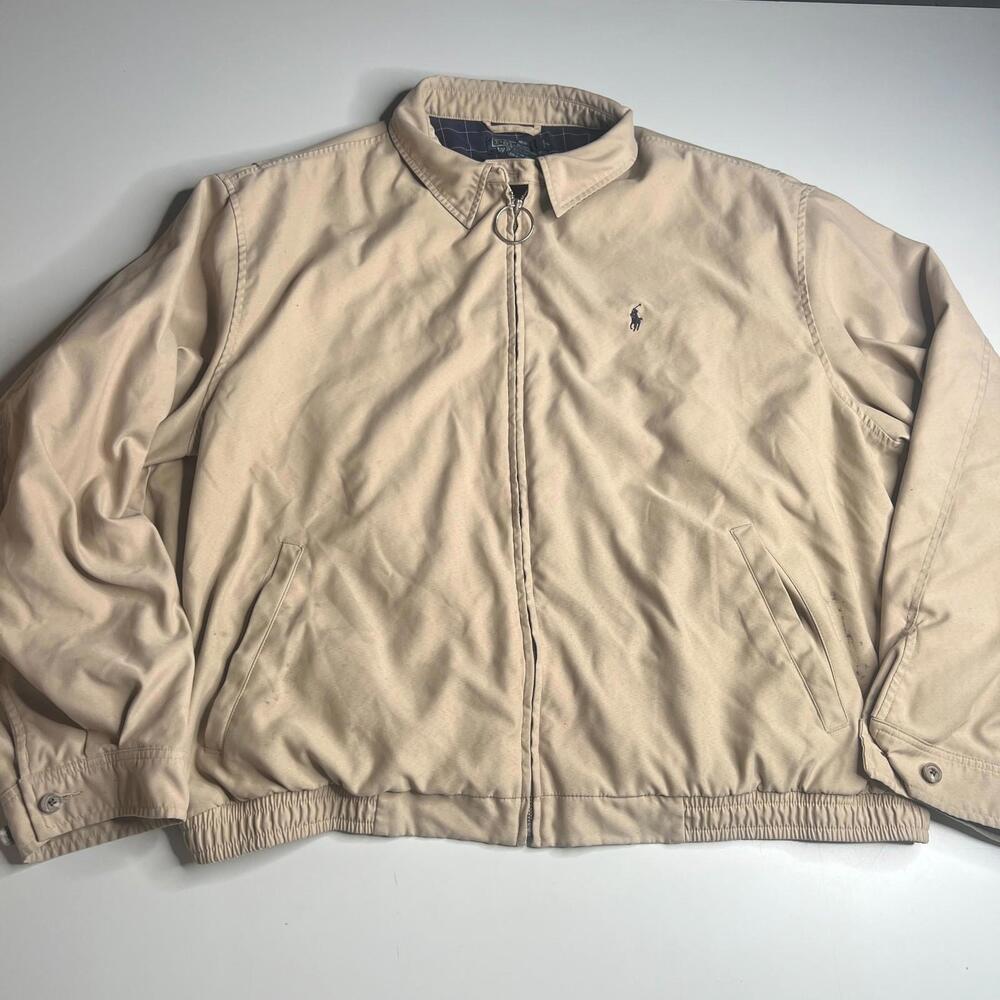 Polo Ralph Lauren Harrington Jacket XXL Beige Tan Zip Front Ring‎ Pull Plaid